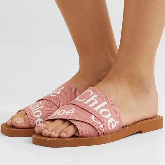 Chloe Shoes - ❌SOLD❌Chloe Woody Logo Print Canvas Slides Sandals Slippers Pink White